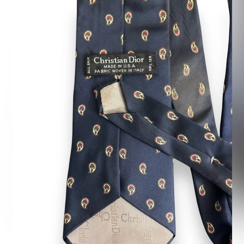 CHRISTIAN DIOR 100% Silk Tie Navy with Yellow & Red Paisley